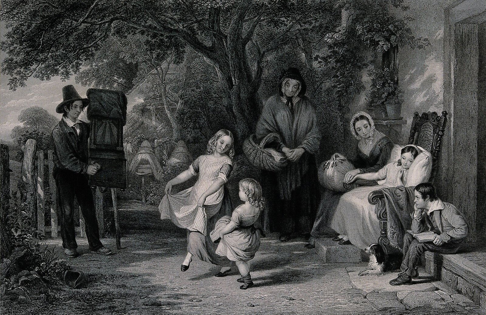 A young boy grinds a barrel organ as two small girls dance t Wellcome V0040410